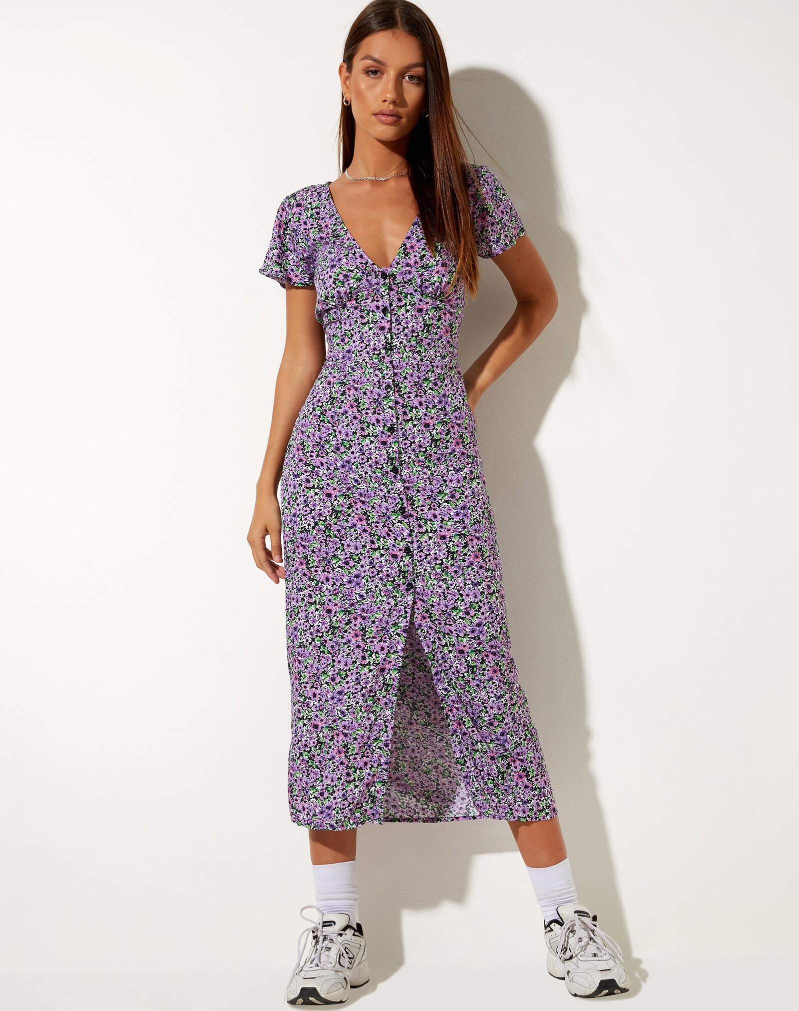 Short Sleeve Lilac Purple Floral Midi ...